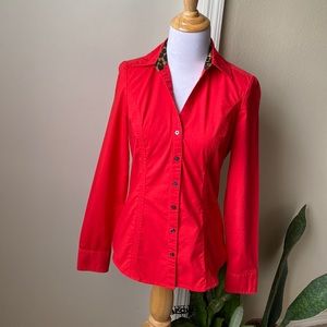 FINAL SALE Red express button down with leopard accents